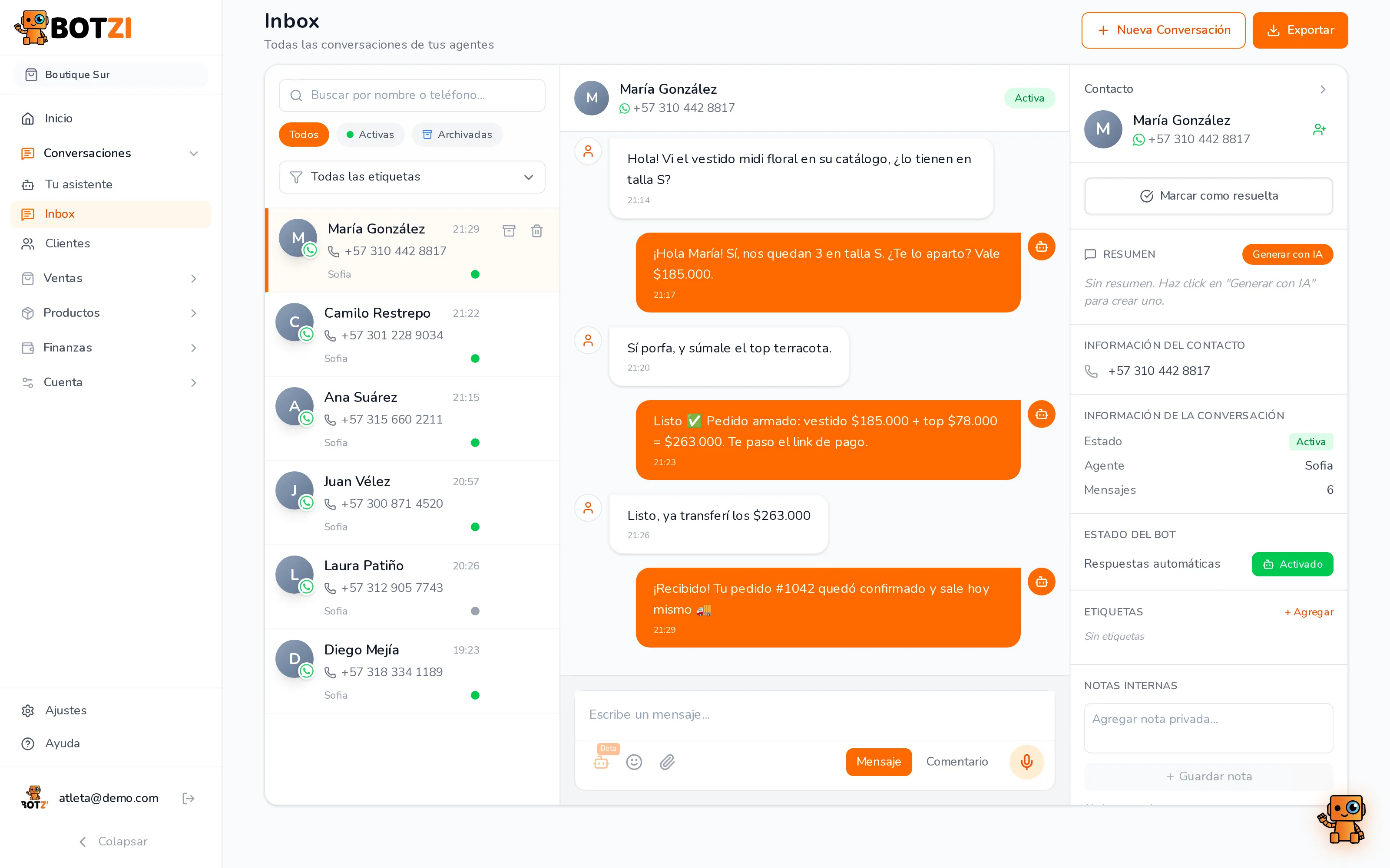 Inbox de Botzi: conversación de WhatsApp con el pedido armado por el bot